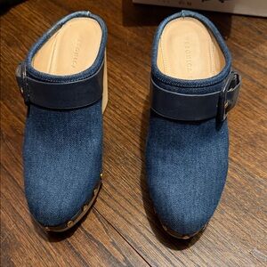 Veronica Beard Navy Denim Clogs with Buckle